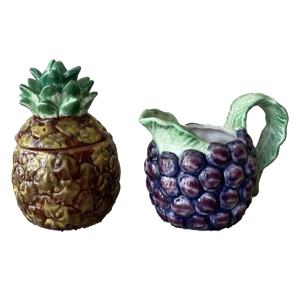 Fitz and Floyd Calypso Fruit Sugar Creamer Set - Pineapple & Grapes Vintage 1988